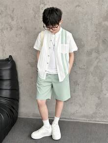 Vacaura 3 件套：男孩白色撞色荷叶边衬衫、白色撞色宽松裤子，含围巾 - 彩色 - 查看 1