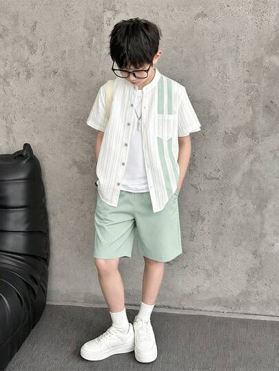 SHEIN Vacaura 3 件套：男孩白色撞色荷叶边衬衫、白色撞色宽松裤子，含围巾