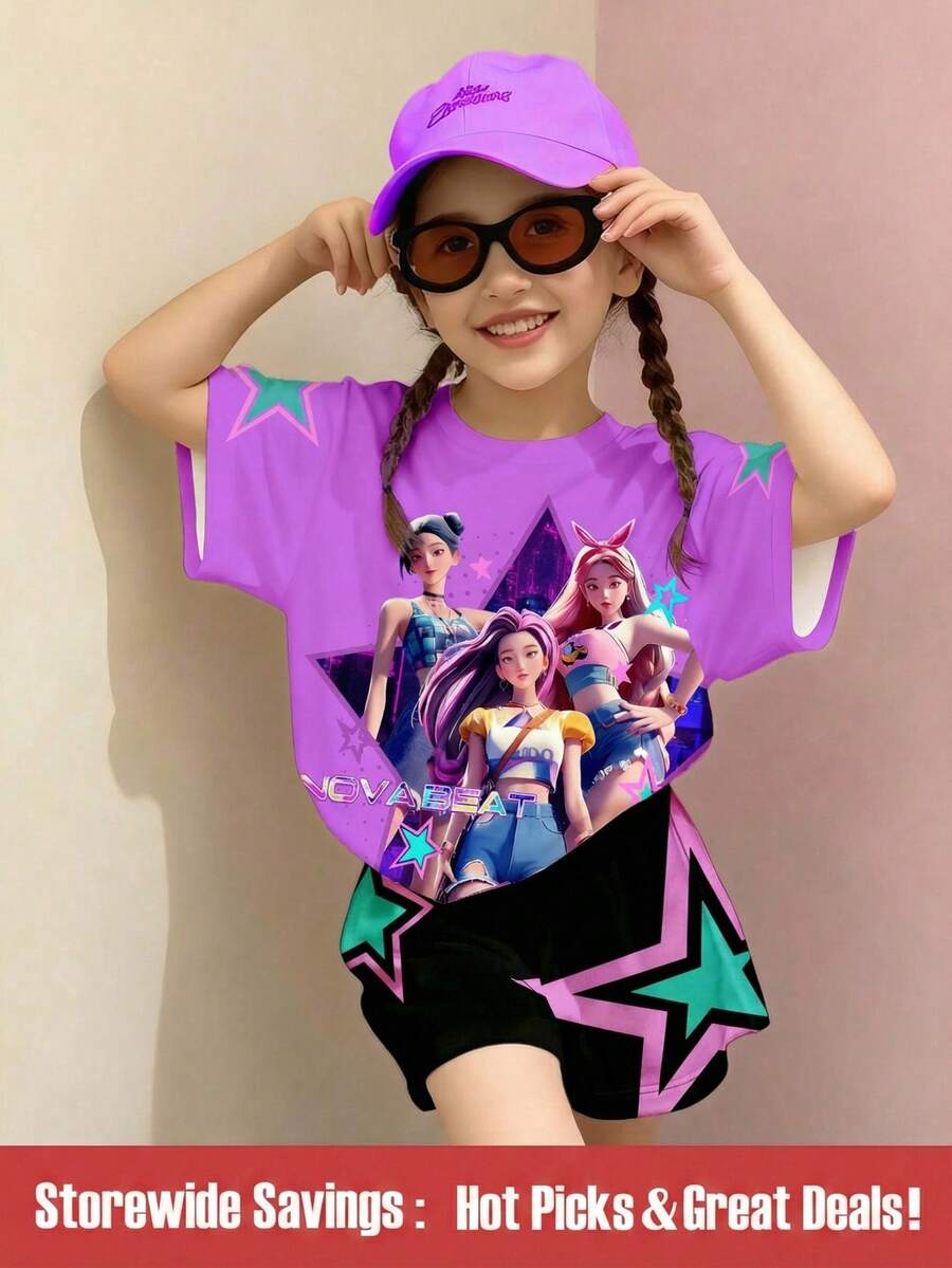 SHEIN 2件套KPOP女团图案数码印花T恤和黑色短裤套装,时尚休闲百搭,适合女孩 - 彩色 - 查看 1