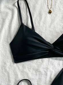 SHEIN Swim Mod Women's Basic Casual Triangle Cup Twist Bikini Top 2 Pieces Set - Black - View 6