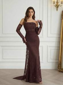 Modelyn Đầm dạ hội nữ thanh lịch trễ vai, đính ren và hạt cườm, thích hợp cho mùa thu. - Cà phê nâu - Xem 5