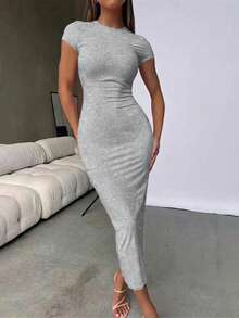 INAWLY Solva Vestido feminino casual plissado, versátil e moderno, em cor sólida, ideal para uso diário e férias. - Cinza claro - Ver 2