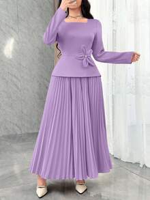 Modelyn 女士优雅褶皱腰身3D立体花卉装饰长裙，适合约会和派对穿着 - 淡紫色 - 查看 4
