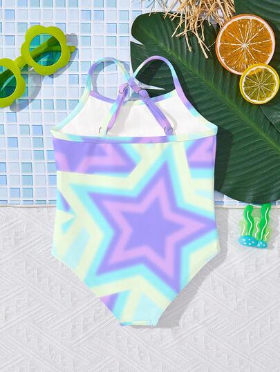 SHEIN Áo tắm liền thân hai dây đơn giản, thời trang cho bé gái, in hình ngôi sao lấp lánh, họa tiết hoạt hình K-POP, thích hợp cho mùa hè ở đảo, bãi biển và kỳ nghỉ.