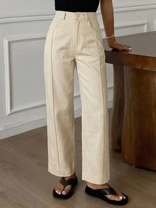 Women's Loose-Fitting Flared Pants With Pockets, Casual Solid Color Street Style Pants For Autumn - 貝斯 - 查看 4