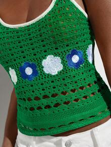 MAIJA Green Floral Boho Crochet Detail Scoop Neck Spaghetti Strap Cami Tops For Women,Summer Vacation Holiday Casual Daily Wear Festival Outfit - Green - View 3