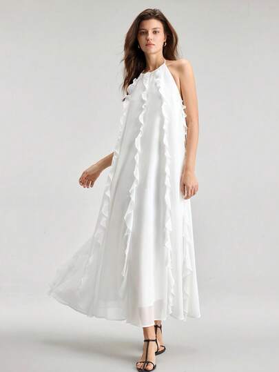 Ontre 2026SS Summer New Loose Long Dress, Solid White/Beige Color, Ruffled Spaghetti Strap Backless Dress, Simple Elegant Urban Chic, Layered Ruffle Hem A-Line Elastic Waist Dress, Suitable For Outings, Vacations, Parties, Weddings, Office, School, Fashion Versatile Long Dress For Women