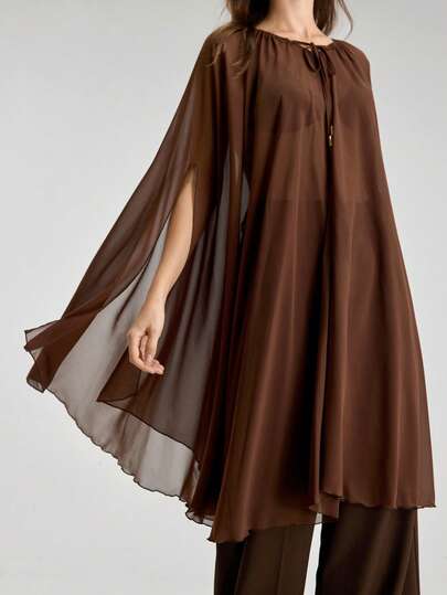 Ontre 2026SS New Summer Women's Coffee-Colored Versatile Dress, Can Be Worn As Poncho Or Skirt, Ruched Lightweight Chiffon Blouse, Elegant Graduation/Vacation/Beach/Music Festival Dress