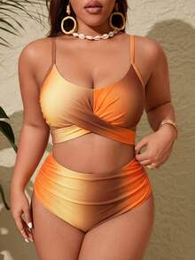Slaydiva Conjunto de tankini y bikini con estampado degradado y drapeado en tallas grandes - Multicolor - Ver 4