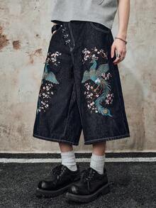 ROMWE MEN Street Life Quần short denim nam thêu hình phượng hoàng với khóa máy bay. - Màu xanh lam - Xem 3