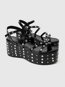 Grunge Punk Giày sandal đế cao, gót đính kim tuyến, khóa cài nhọn dành cho nữ. - màu đen - Xem 2