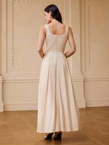 ZEYLAH Linen Embroidered Waist-Cinched Sleeveless Fitted Dress, Spring/Summer - Apricot - View 3