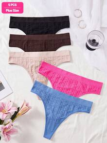 SHEIN 5条装女士加大码基本款纯色无缝舒适罗纹针织性感丁字裤 - 彩色 - 查看 6