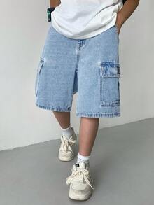 SHEIN Tween Boy Fashion Casual Y2k Vintage Cool The Workwear Pocket Design Features Aqua Blue Loose And Comfortable Workwear Denim Shorts For Soft Daily-Wear And Summer And Rave Festival And Beach Day Time - Light Wash - View 3
