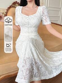 DAZY Women's Elegant Lace Puff Sleeve Blouse And Skirt 2 Pieces Set, Summer - Light Yellow - View 1