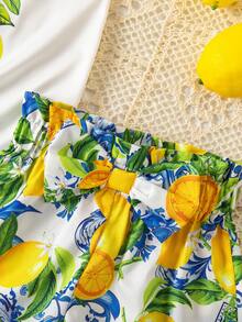 SHEIN 女童亮黄色荷叶边上衣和柠檬印花短裤套装，适合日常穿着、度假、野餐、聚会、旅行和其他场合。 - 黃色 - 查看 7