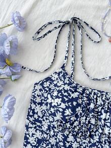 SHEIN 少女吊带碎花休闲无袖连衣裙，夏季百搭 - 藍色 - 查看 4