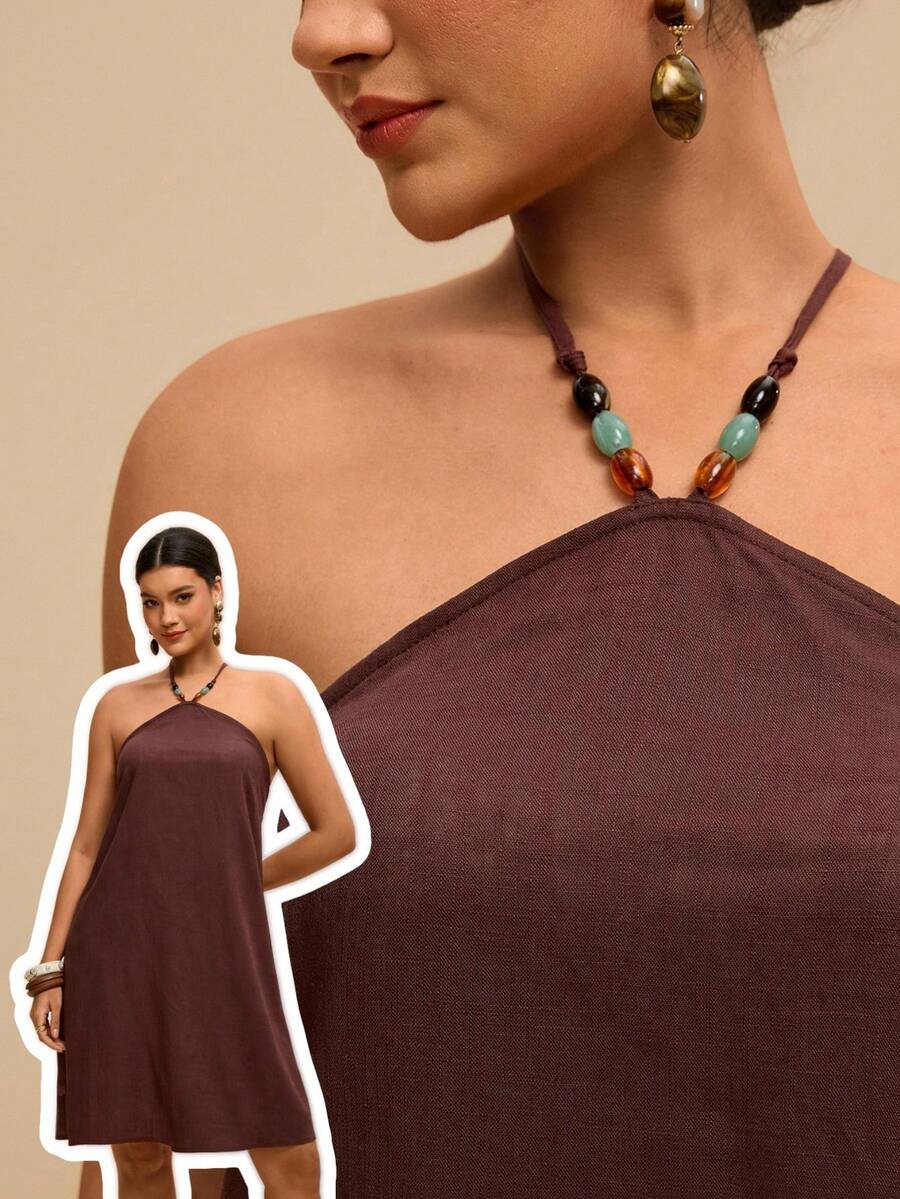 Levarali Vestido de mujer marrón de verano estilo bohemio para vacaciones y días festivos con decoración de cuentas, cuello halter, espalda descubierta, talla grande, casual, estilo occidental chic - Marrón - Ver 1