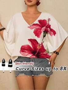 SHEIN CURVE+ Áo kiểu nữ cỡ lớn in hoa dáng rộng thoải mái - Nhiều màu - Xem 3