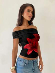 Áo thun dệt kim Aloruh vai lệch, đính kim loại, in họa tiết hoa ly gợi cảm, áo kiểu hoa đen, áo blouse in hoa, áo kiểu vintage thanh lịch, áo thun hoa mùa xuân, áo lót đen đa năng thanh lịch. - màu đen - Xem 7