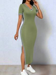 Chiquease Elegante vestido de punto elástico de color negro y contraste con abertura en el bajo, cuello en V y manga corta para mujeres - Verde militar - Ver 4