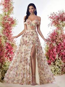 Glamrae Robe de soirée élégante à imprimé floral romantique multicolore en maille transparente avec épaules dénudées, coupe évasée et fente haute - Nude - Voir 4