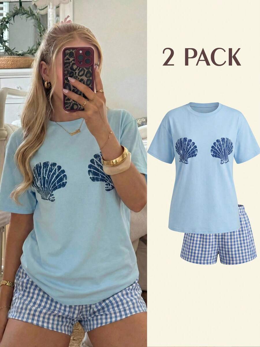 CovetEZ Bộ 2 món áo thun in hình vỏ sò và quần short kẻ caro dành cho nữ. - Màu xanh lam - Xem 1
