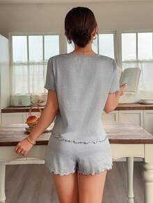 Napfluff Sleep Print Ruffle Trim Casual Women Short Sleeve Pajama Set - Grey - View 2