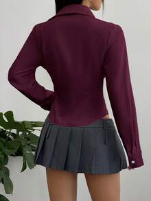 Flirla Women's Solid Color Regular-Shoulder Long Sleeve Fitted Front Button Blouse Teachers' Day Golf White Autumn Basic Sexy - Purple - View 2