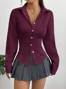 Flirla Women's Solid Color Regular-Shoulder Long Sleeve Fitted Front Button Blouse Teachers' Day Golf White Autumn Basic Sexy - Purple - View 3