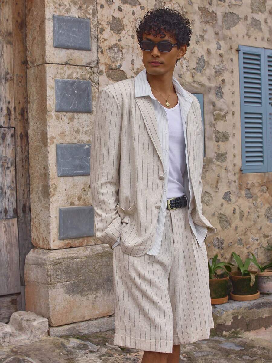 Musero Áo blazer dáng suông, thoải mái, kẻ sọc, một hàng khuy, hai túi bên hông, thích hợp mặc đi biển, mùa xuân hè và kỳ nghỉ. - Màu be - Xem 1