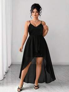 Elenzga Vestido de encaje y gasa hasta la rodilla sin mangas y elegante para mujer de talla grande - Negro - Ver 5