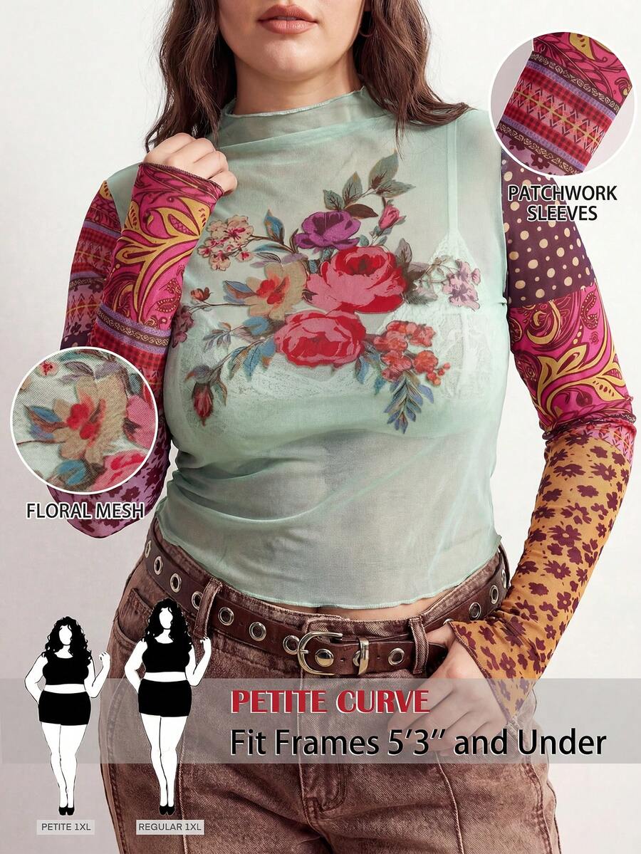 SHEIN PETITE CURVE 大尺碼女款小個子淺綠色花卉印花網紗長袖上衣,波西米亞風秋季上衣,適合夜店聚會、優雅度假 2026 - 彩色 - 查看 1