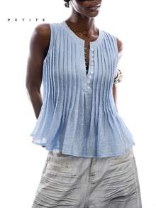 LYSMO Petite Women's Summer Casual Vacation Daily Commute Solid Color Half-Button Front Pleated Sleeveless Tank Top - Blue - View 3