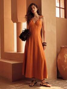 MOTF PREMIUM WOMEN'S LINEN BEADED BACKLESS VACATION DRESS - Orange - View 4
