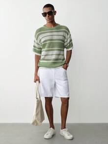 MENRIVO Men's Hollow Out Semi-Sheer Striped Knit Short Sleeve Polo Shirt, Comfortable Breathable Lightweight Knit Top For Casual Wear, Suitable For Vacation And Valentine's Day - Green - View 4