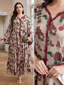 Al Najma Vestido maxi árabe holgado de manga larga con cuello en V y estampado floral para mujer de talla grande - Multicolor - Ver 2
