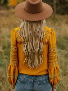 女士V领褶皱休闲百搭日常衬衫 - 黃色 - 查看 2