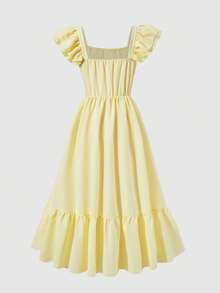 SHEIN Đầm ngắn tay bèo nhún dáng casual cho thiếu nữ, màu vàng, trang phục đi nghỉ mát, đầm thanh lịch, trang phục mùa xuân/hè, đầm hoa, đầm đi biển. - Màu vàng - Xem 3