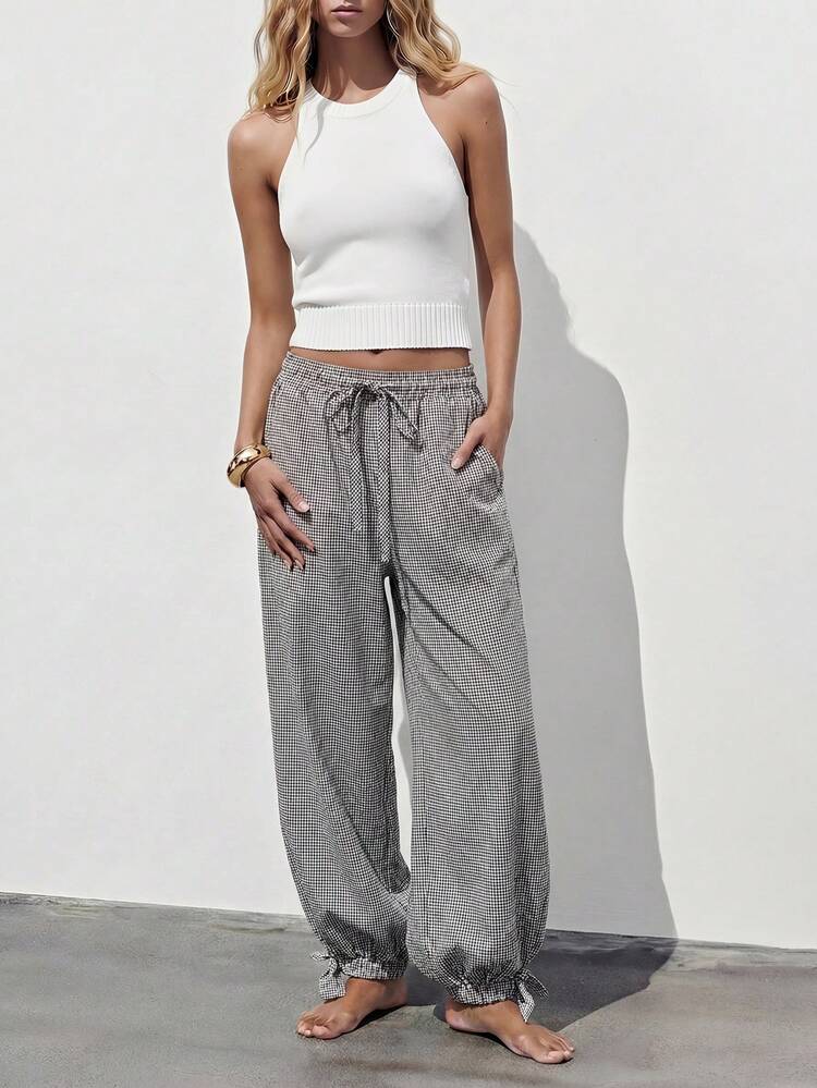 SHEIN Maija Women's Casual Plaid Drawstring Ankle Pants