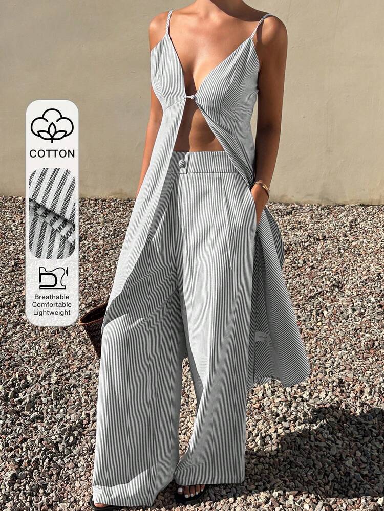 Striped Camisole & Wide Leg Pants Set, Casual Summer Vacation Outfit For Women