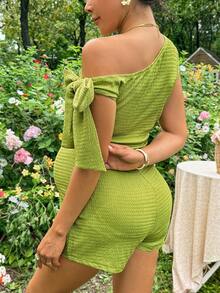 Lyckli Maternity Solid Color Ruched Twist Asymmetric Neck Jumpsuit Vacation Outfits - Green - View 2