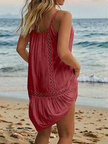SHEIN Swim Vcay Women's Springbreak Beach Patchwork Ruffle Trim Spaghetti Strap Dress & Cover Up - Hot Pink - View 2