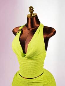 SaltGleam SaltGleam Women's Lime Green Summer 2-Piece Outfit, Draped Neck Metal Buckle Decor Top Drawstring Shorts Set, Fitted Stylish Pool Party Beach Resort Wear Sexy - Green - View 3