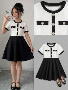 SHEIN 少女撞色系带金属扣装饰短袖A字连衣裙 - 黑與白 - 查看 11