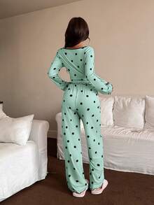 Napfluff Bộ đồ ngủ nữ dài tay và quần in họa tiết chấm bi, kiểu dáng thường ngày. - màu xanh lá - Xem 2