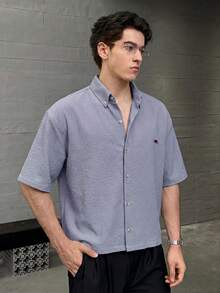 NEON BLANC 男士休闲时尚梭织短袖衬衫，绣有北极熊图案，适合夏季穿着 - 淺灰紫 - 查看 5