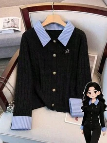 SHEIN Clasi Plus Size Women Cable Knit Cardigan, Casual College Style Letter Embroidery Patchwork, Autumn/Winter Fall Cloth For Women - Black - View 1