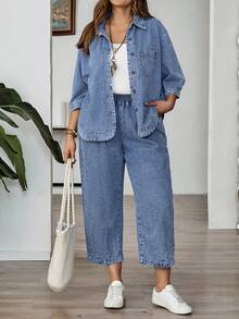 EMERY ROSE Mature Denim Plus Size Women's Solid Color Casual Long Sleeve Denim Blouse - Medium Wash - View 4