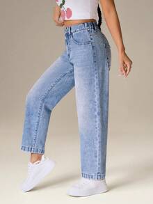 SHEIN PETITE 女士浅蓝色休闲高腰带环日常百搭牛仔裤 - 藍色 - 查看 7